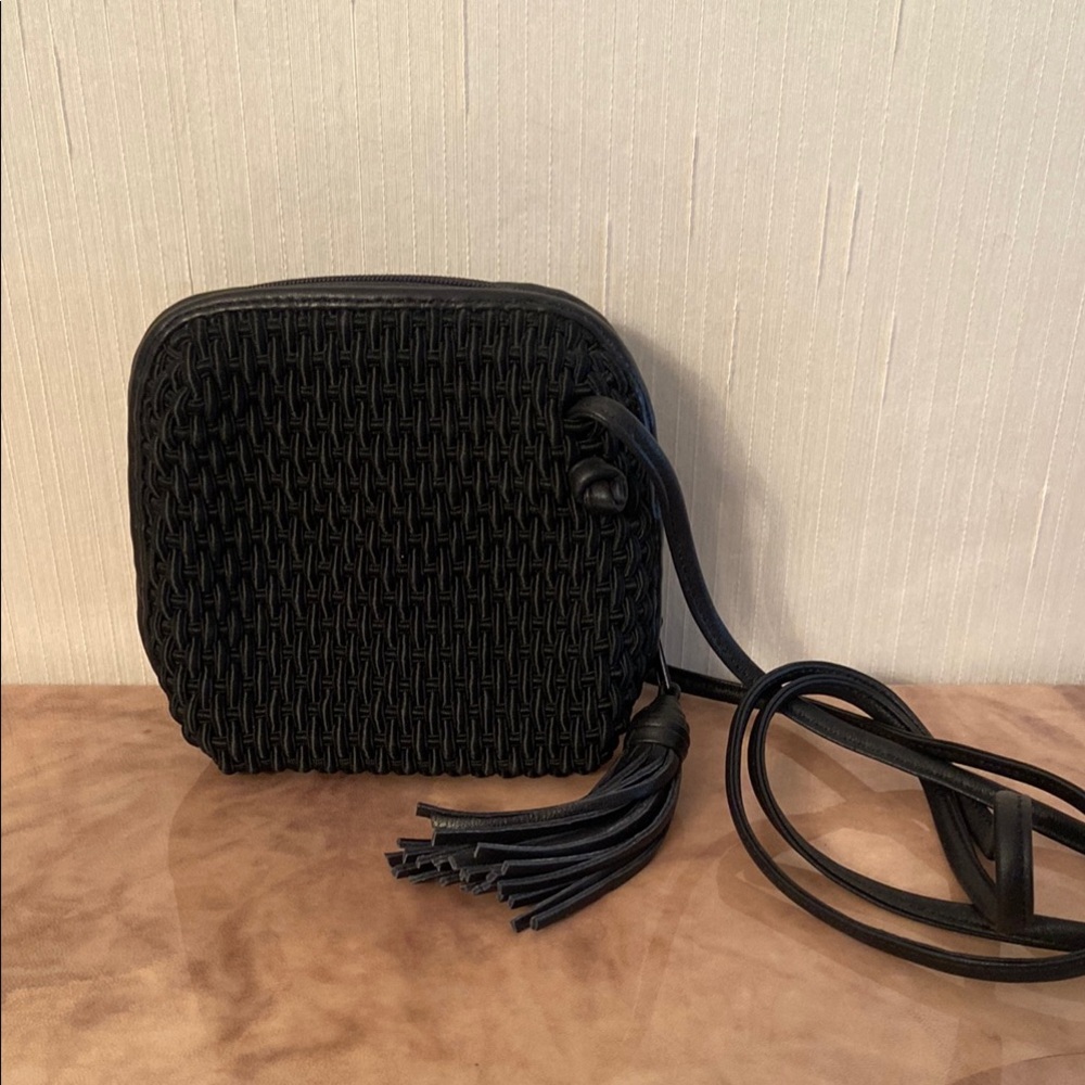 Classic Black Textured Crossbody Bag with Tassel